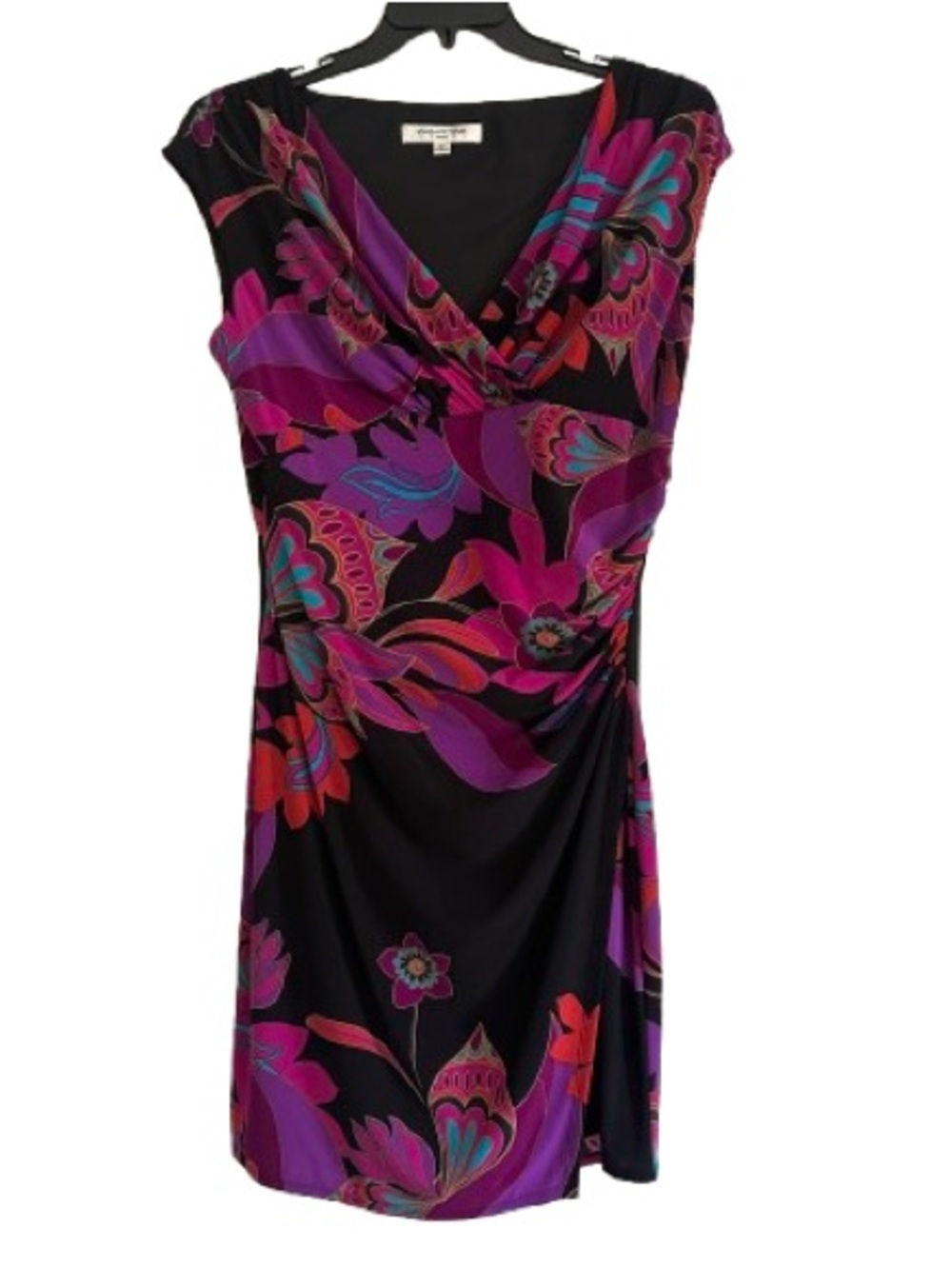 Evan Picone Dress Black Purple Retro Floral Ruched Faux Wrap Stretch Size 14 Y2K